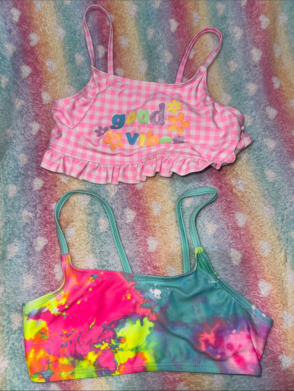 btween Pink Gingham 'Good Vibes' Ruffle Cami & Neon Tie-Dye Crop Tank Set. Sz 7